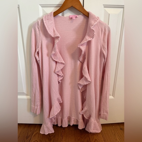 Lilly Pulitzer Pink Ruffle Open Cardigan Sweater size Medium - Picture 1 of 8